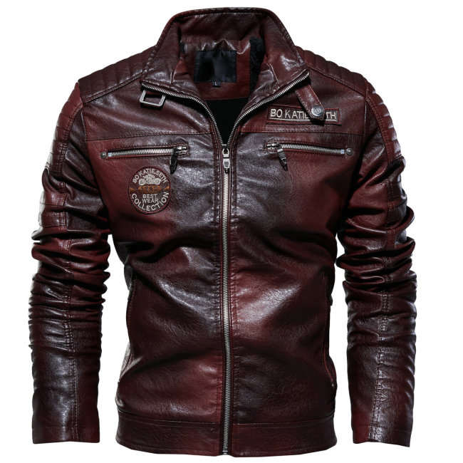 Jacket Men's Winter Fleece Motorcycle PU Stand Collar Casual Coats