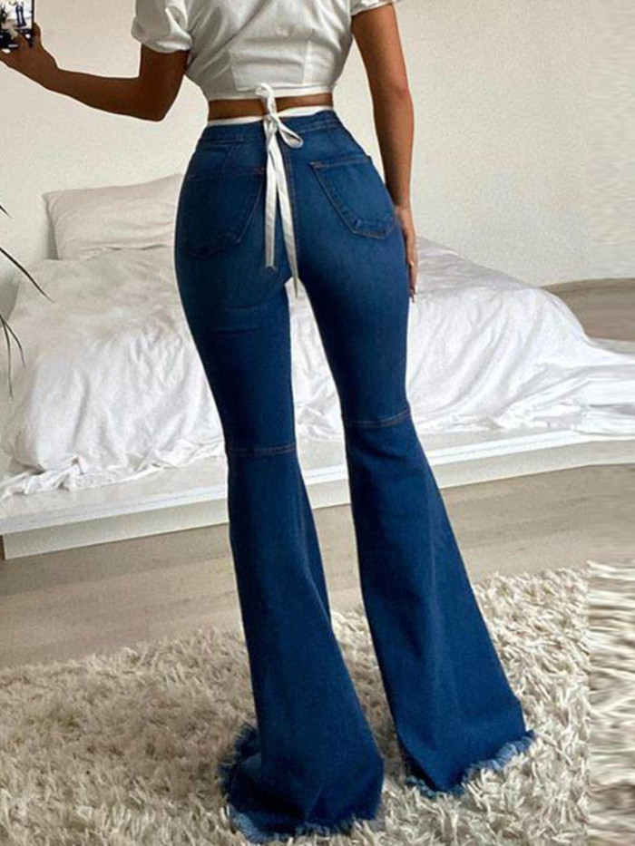 Women's Fashion Hip Lift Ripped Raw Edge Flared High Elastic Jeans