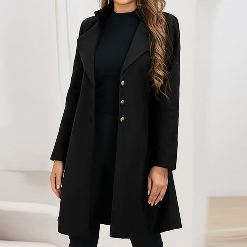 Fashionable Long-Sleeved Woolen Lapel Solid Color Loose Coat