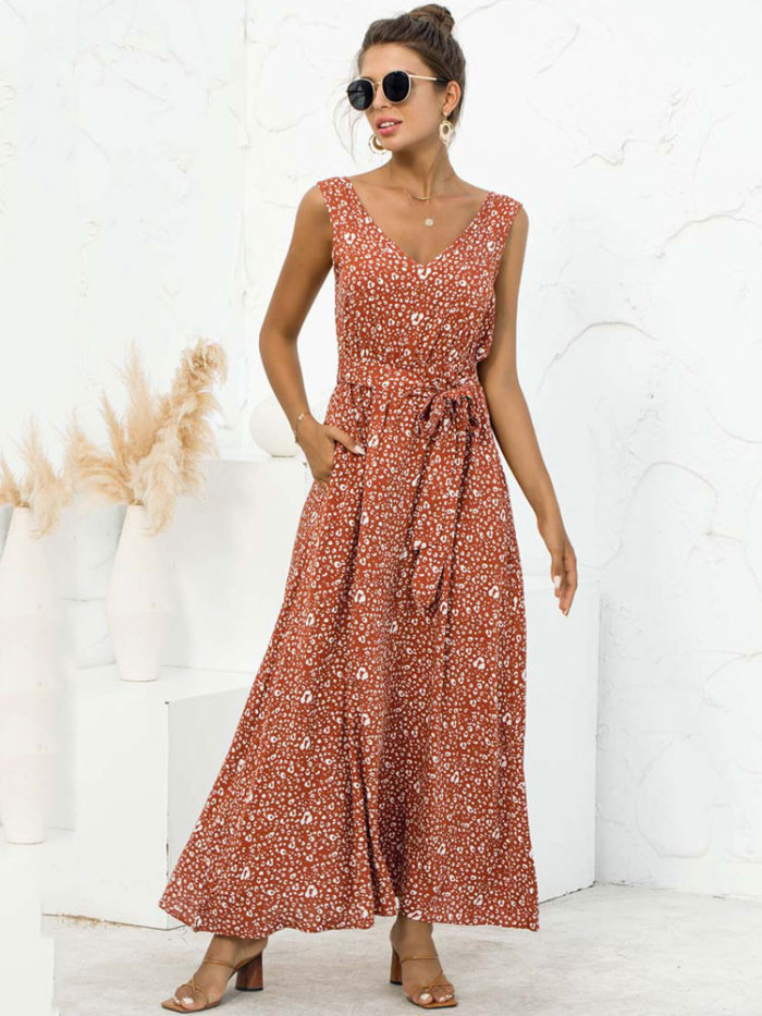 Trendy Boho Elegant Party V Neck Floral Sleeveless Maxi Dress