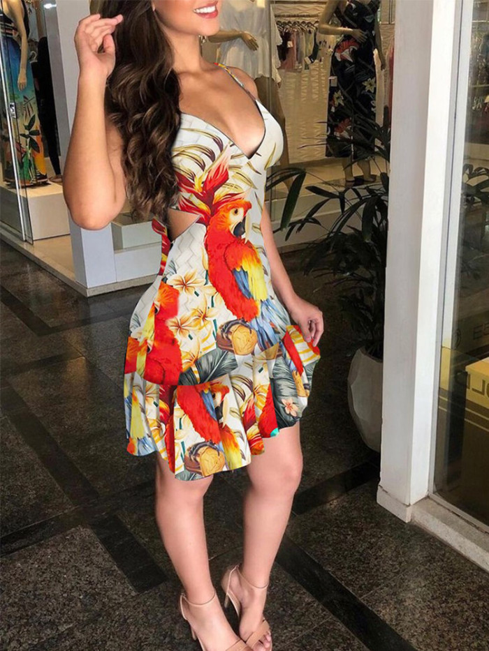 Floral Print Ruffles Sexy Mini Dresses