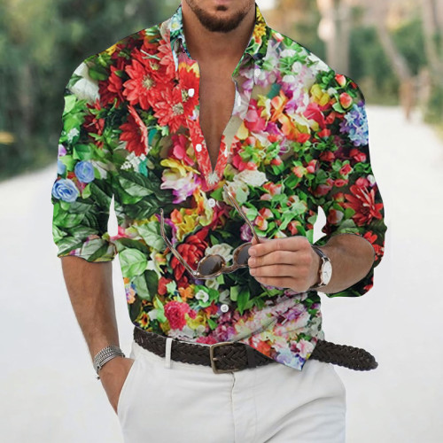Men's 3d Print Floral Long Sleeve Holiday Oversized  Blouse & Shirts Top