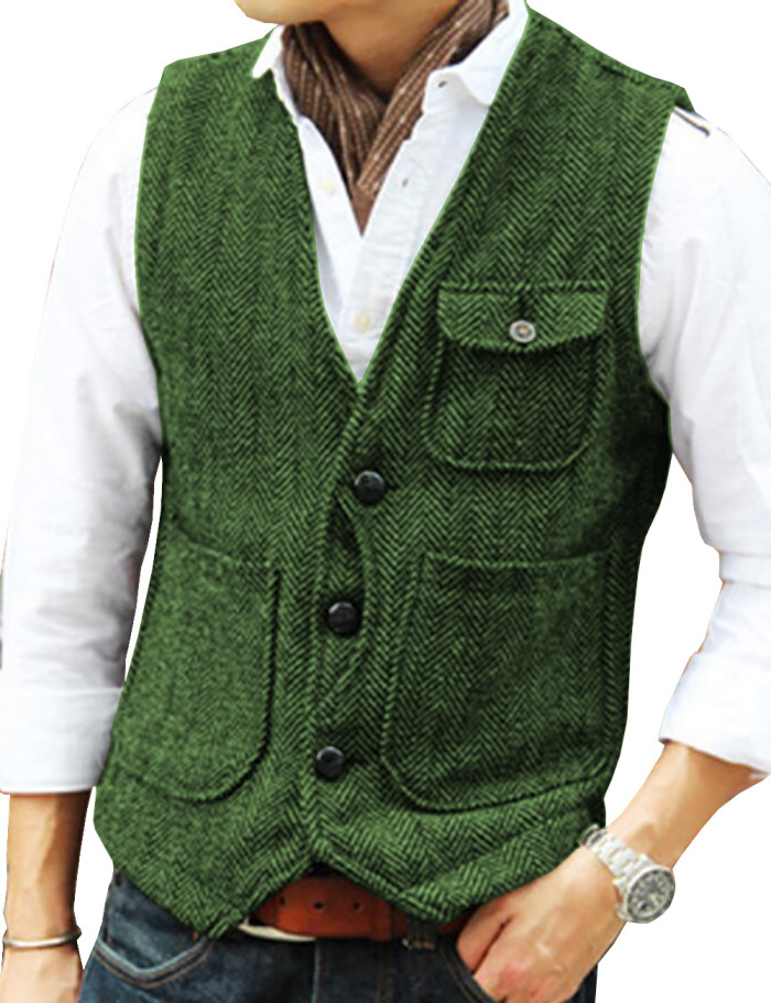 Men's Fashion Herringbone Wool Tweed V-Neck Single Breasted Vintage Cargo Vest