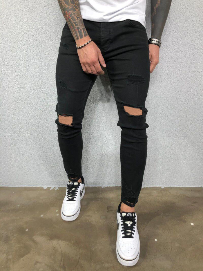 Fashion Street Men's Vintage Washed Solid Color Ripped Skinny Jeans