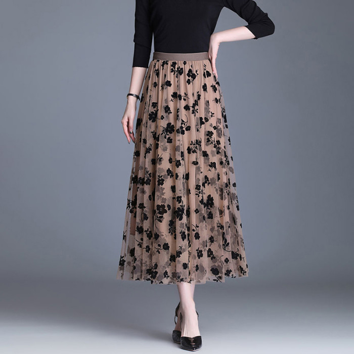 Fashion High Waist Mesh Tulle Elastic Pleated A-Line Skirt