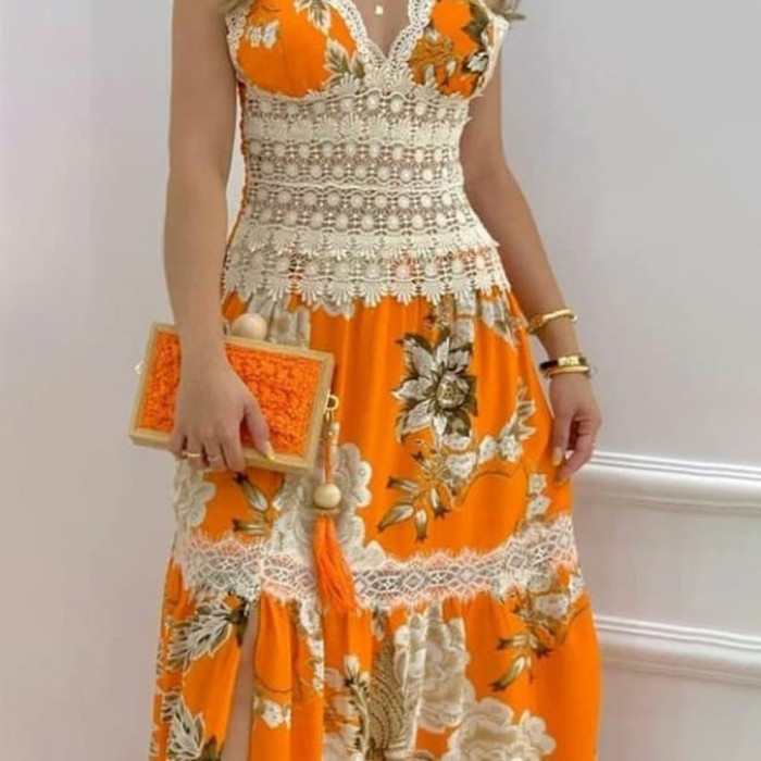 Elegant Boho Style V Neck Floral Print Contrast Lace Maxi Dress