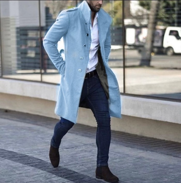 Men's Wool Stand Collar Metal Mid-length Pocket Casual Slim Coat
