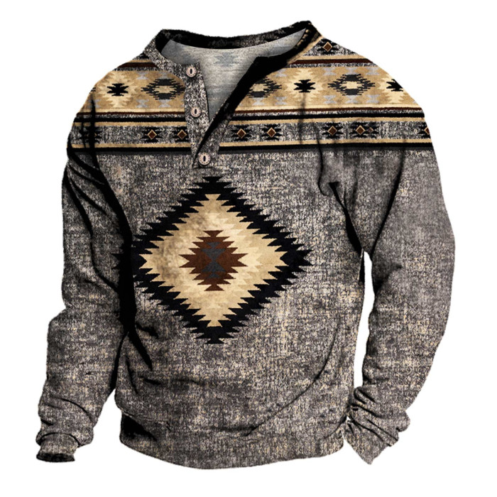 Men's Loose V Neck Long Sleeves Fashion Button Casual Ethnic