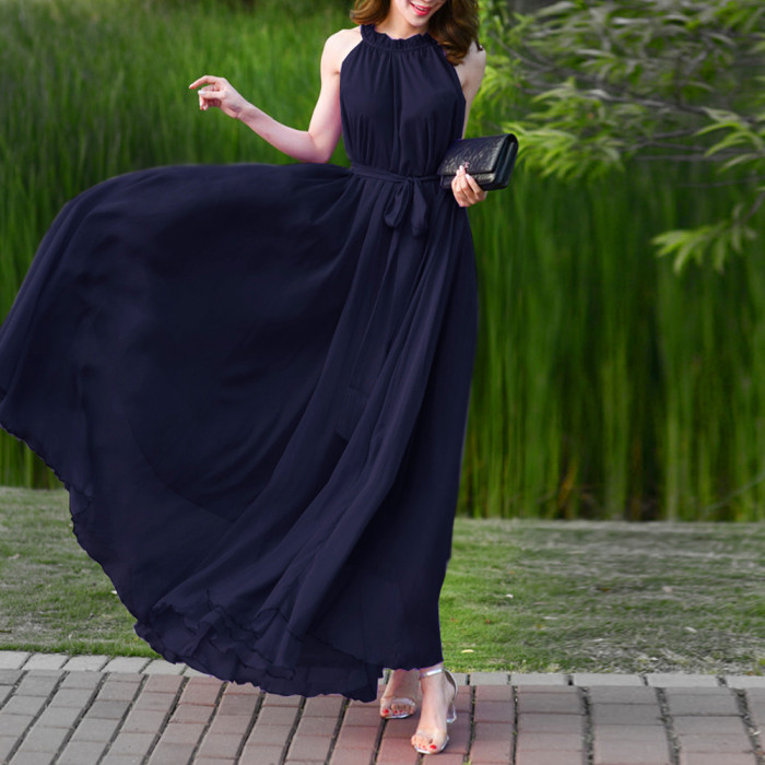 Fashion Solid Color Party Halter Neck Sleeveless Loose  Maxi Dress