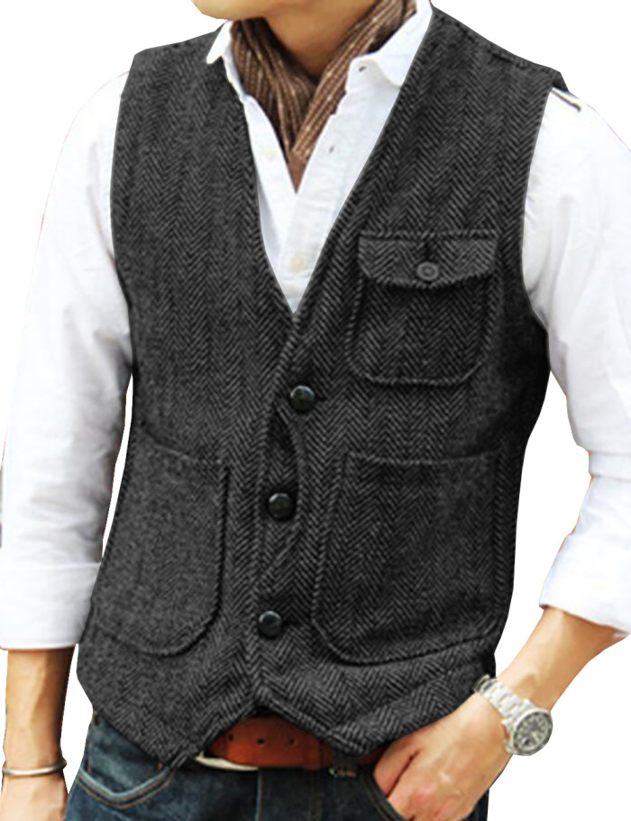 Men's Fashion Herringbone Wool Tweed V-Neck Single Breasted Vintage Cargo Vest