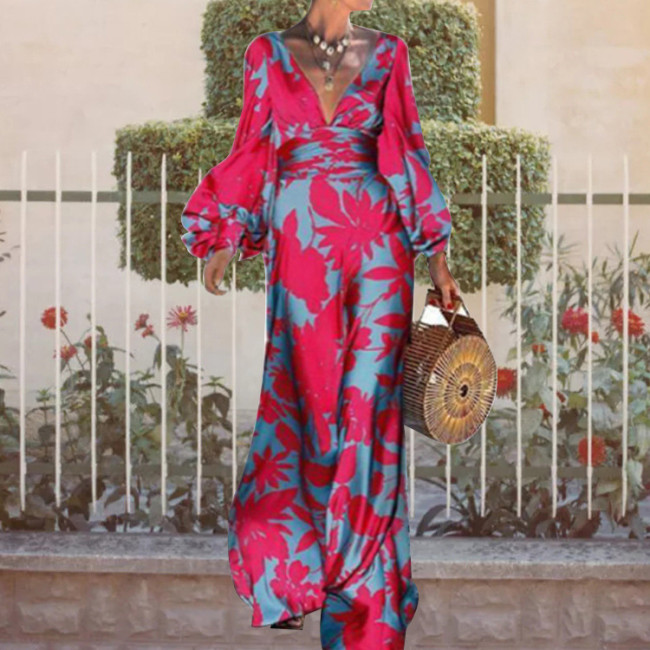 Fashion Elegant Print Sexy Deep V Neck Puff Sleeve High Waist Maxi Dress