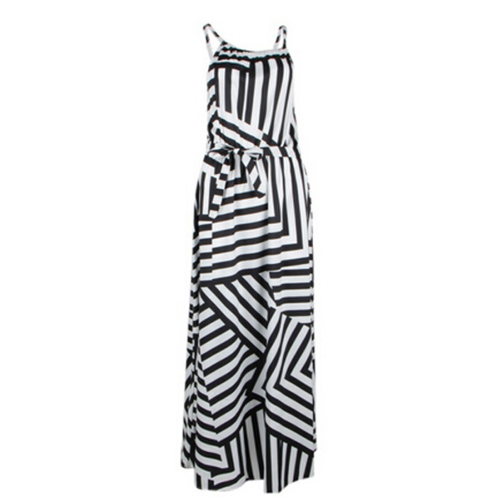 Fashion Sexy Bohemian Striped Sleeveless Suspenders Irregular Maxi Dress