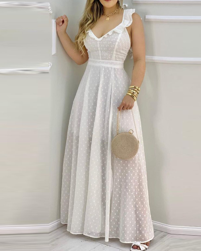 Ruffle Slit Maxi White Sleeveless Elegant Casual Lace Up Sexy Dress
