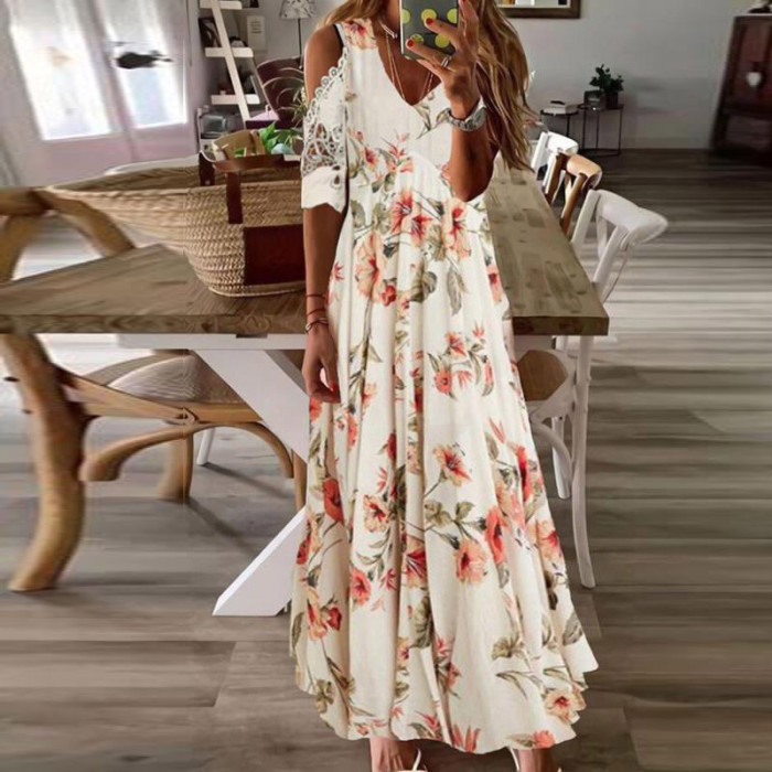 Elegant V Neck Casual Embroidery Slim Fashion Vintage Maxi Dress