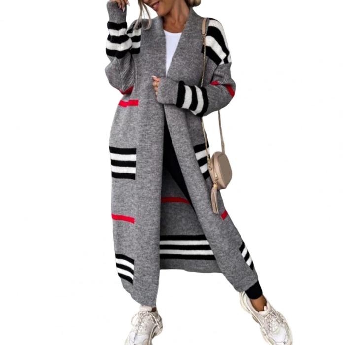 Knitted Cardigan Striped Patchwork Elegant Loose Long Outerwear Sweater Coat