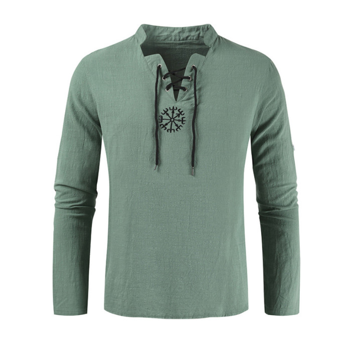 Men's Plus Size Top Embroidered Lace Up V Neck Long Sleeve Blouse & Shirts