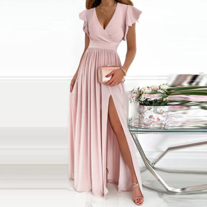 Elegant Butterfly Sleeve Solid Color Party Dress Sexy Deep V Neck High Slit Maxi Dress