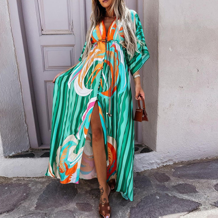 Elegant Deep V Neck Print Casual Button Party Loose Slit Beach Maxi Dress
