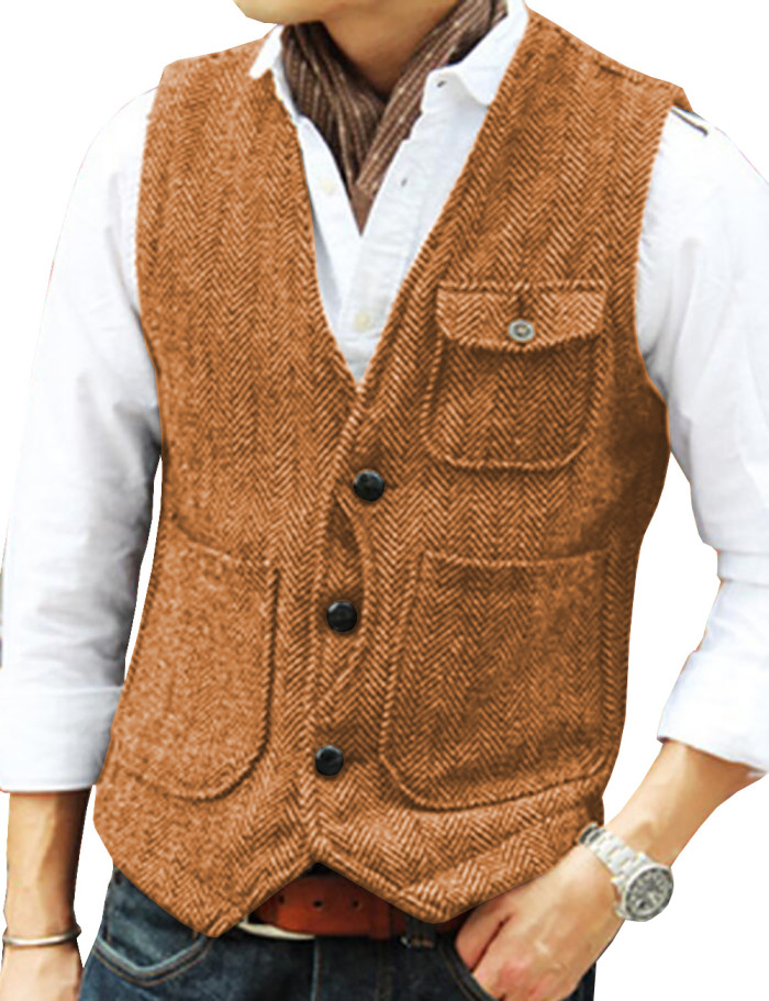 Men's Fashion Herringbone Wool Tweed V-Neck Single Breasted Vintage Cargo Vest