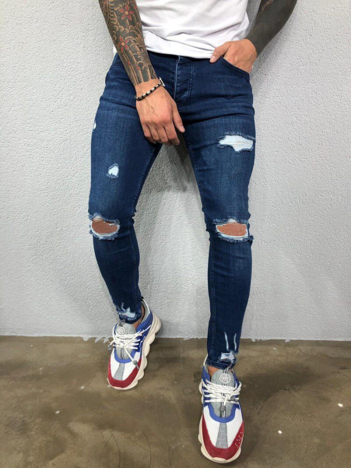 Men's Solid Color Skinny Ripped Stretch Slim Jeans