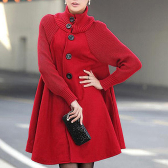 Women's Solid Color Fashion Knit Long Sleeve Turtleneck Single Breasted Trench Coat