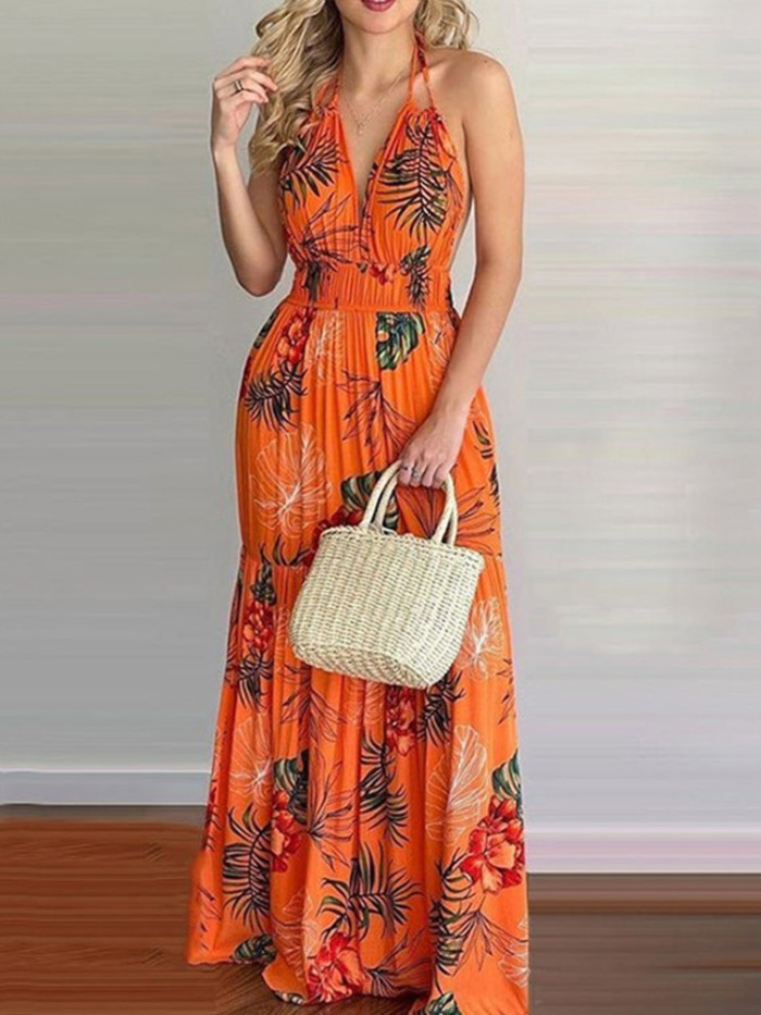 Women Tropical Print Sexy Halter Backless Maxi Dress