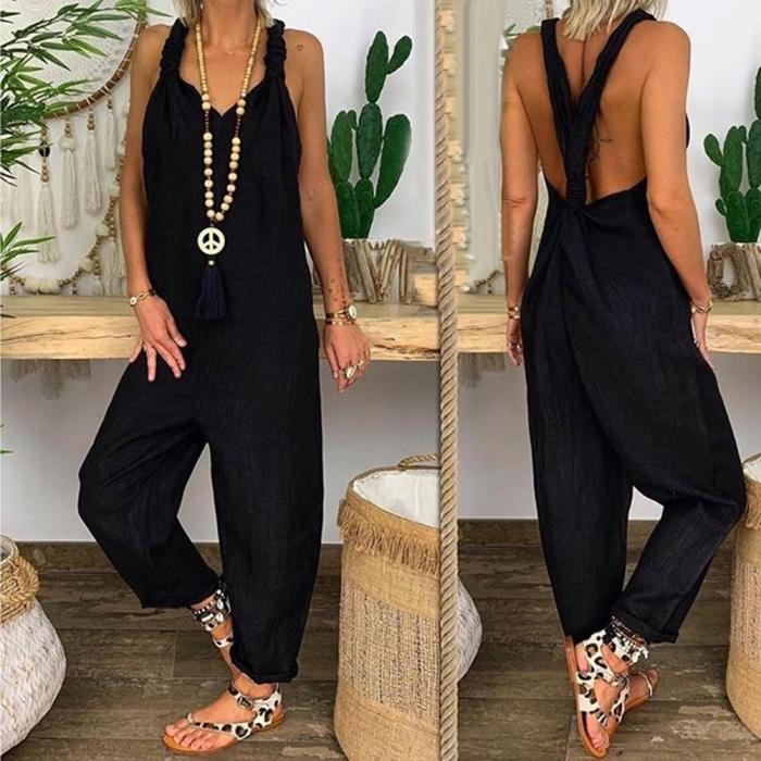 Women's Solid Color Sleeveless Backless Loose Jumpsuit