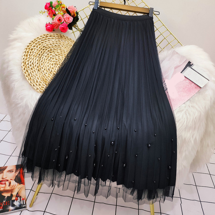 Fashion High Waist Solid Color Velvet Pleated A-Line Skirt