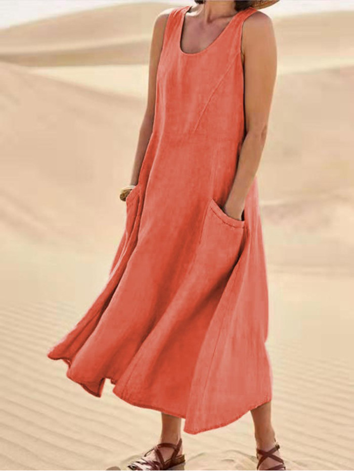 Fashion Sleeveless Elegant Round Neck Cotton Linen Solid Color Retro  Maxi Dress