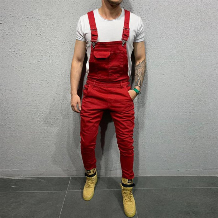 Men's Fashion Casual Loose Solid Color Denim Overalls Jumpsuit