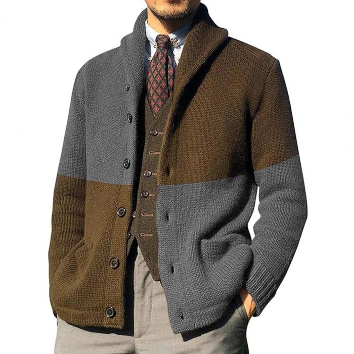 Men's Fashion Sweater Coat Contrasting Color Lapel Button Cardigan Jacket