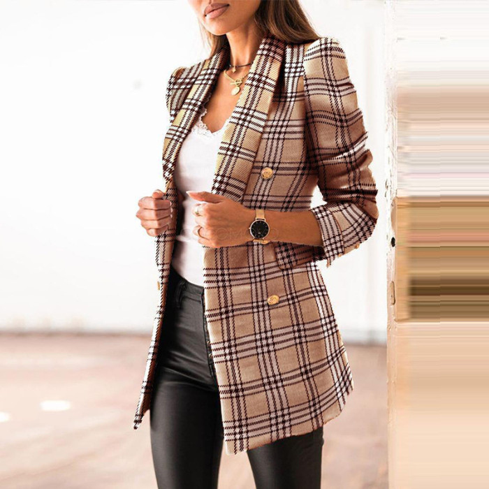 Women's Fashion Double Breasted Printed Tweed Casual Blazer