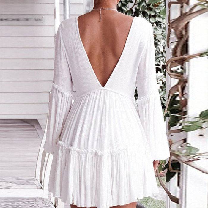 Sexy Deep V Neck Backless Solid Color Elegant Hollow Bohemian Mini Dress