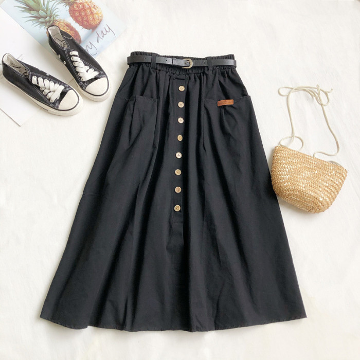 Fashion Casual Cotton Button Pocket A-Line High Waist  Skirts