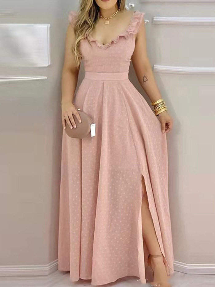Sexy Polka Dot Print Ruffle Trim Fashion Slit Maxi Dress