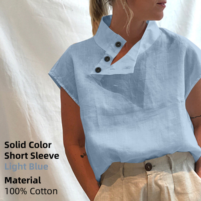 Short Sleeve Solid Color Cotton Linen Fashion Casual Loose  Blouses & Shirts