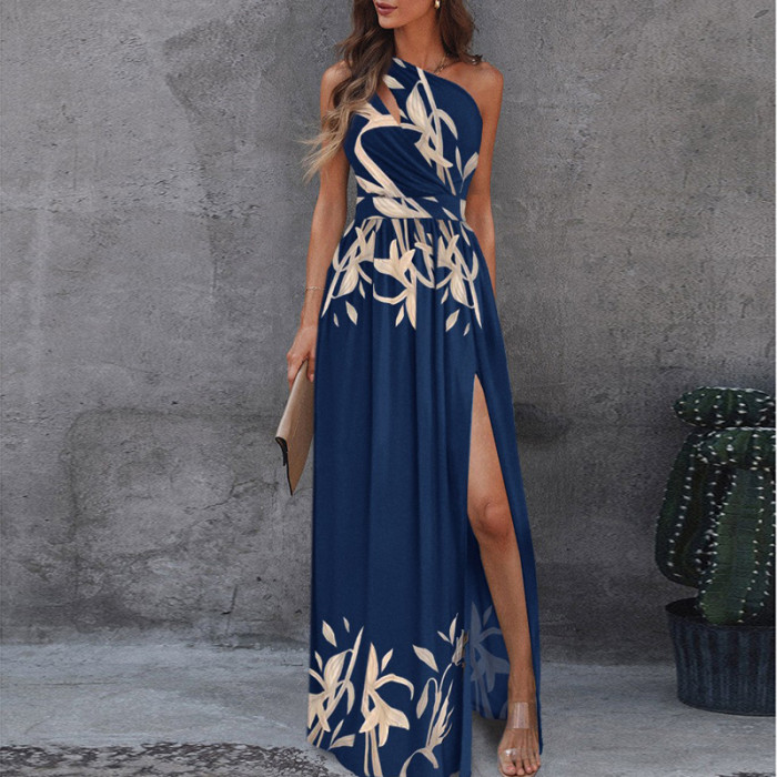 Bohemian Fashion Elegant Sexy Slanted Shoulder Hollow Sleeveless  Maxi Dress