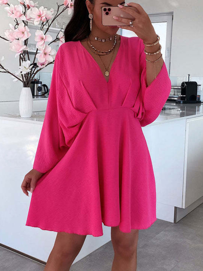 Fashion Elegant V Neck Doll Sleeve Solid Color Slim Mini Dress