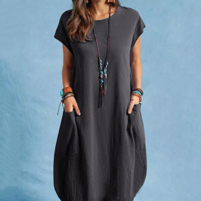 Casual O-Neck Pocket Basic Loose Dress
