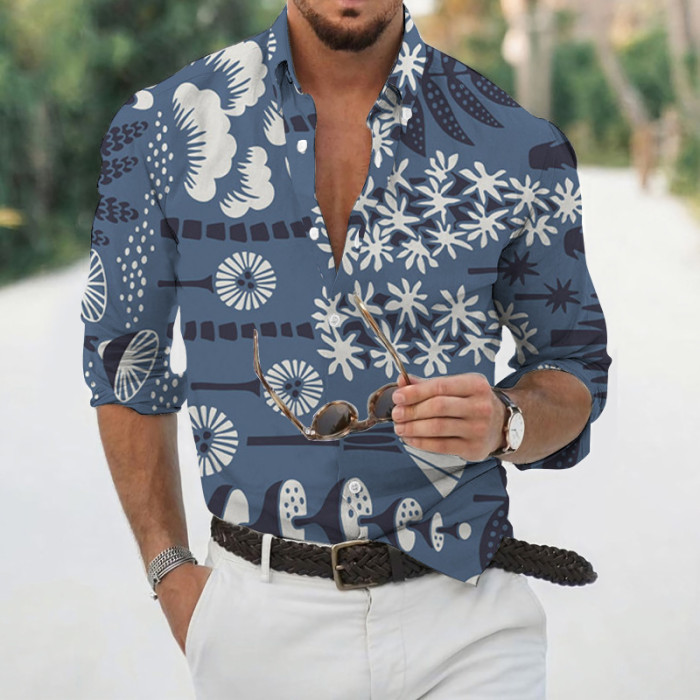 Men's 3d Print Floral Long Sleeve Holiday Oversized  Blouse & Shirts Top