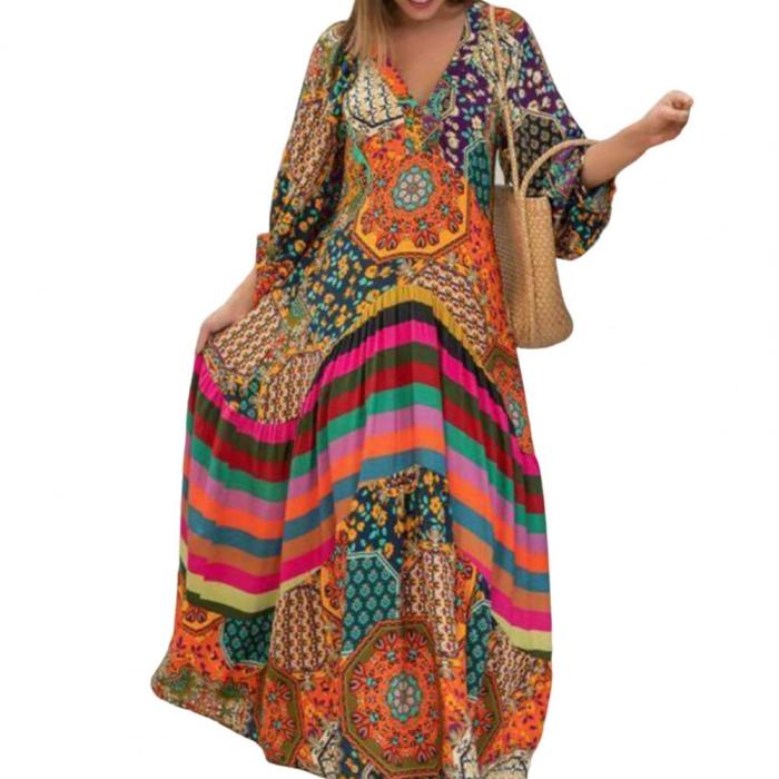 Trendy V Neck Balloon Sleeve Bohemian Vintage Print Beach Maxi Dress