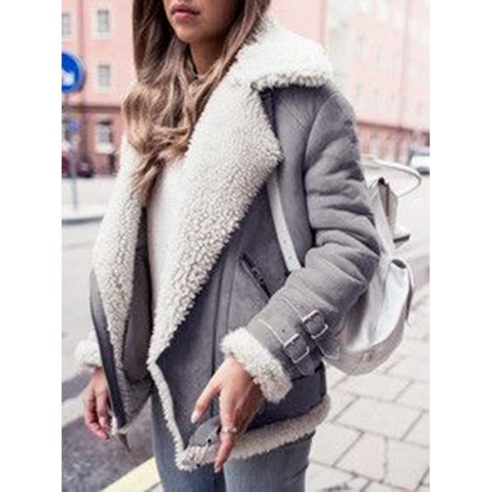 Women's Fashion Solid Color Warm Parker Motorcycle Jacket Thickened Coat