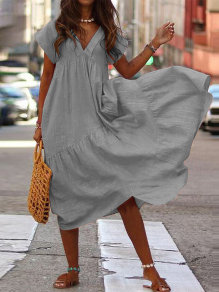 Boho Chic V Neck Solid Ruffle Asymmetric  Midi Dress