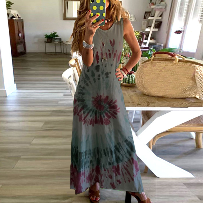 Fashion Casual Sexy O-neck Sleeveless Print Loose Maxi Dress