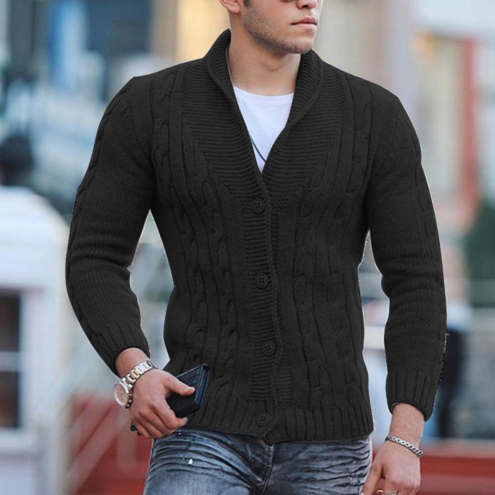 Men's Fashion Knit Solid Color Single Breasted Lapel Slim Button Cardigan