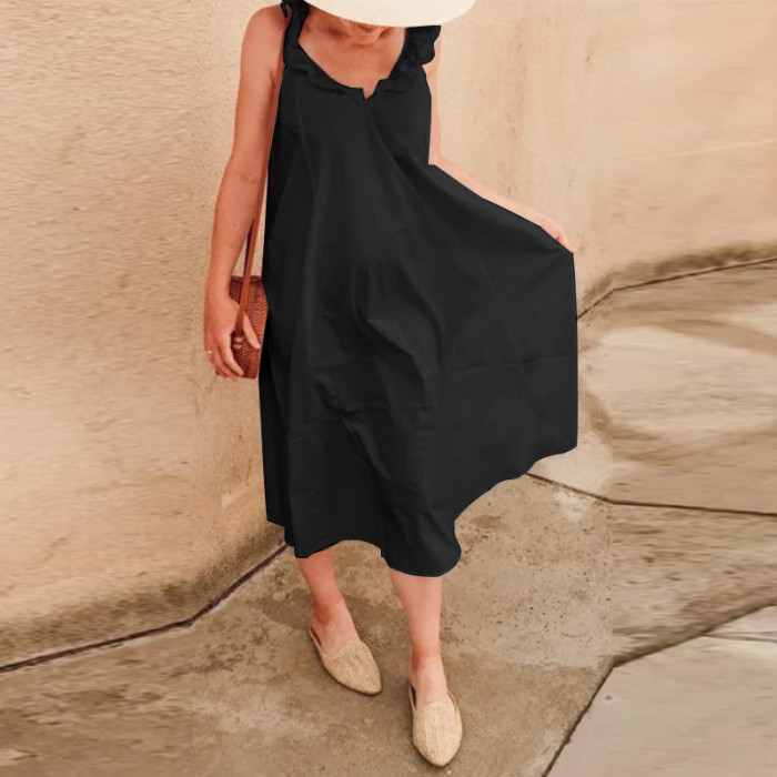 Elegant Sleeveless Strap Beach Solid Color Loose Ruffle Casual Midi Dress