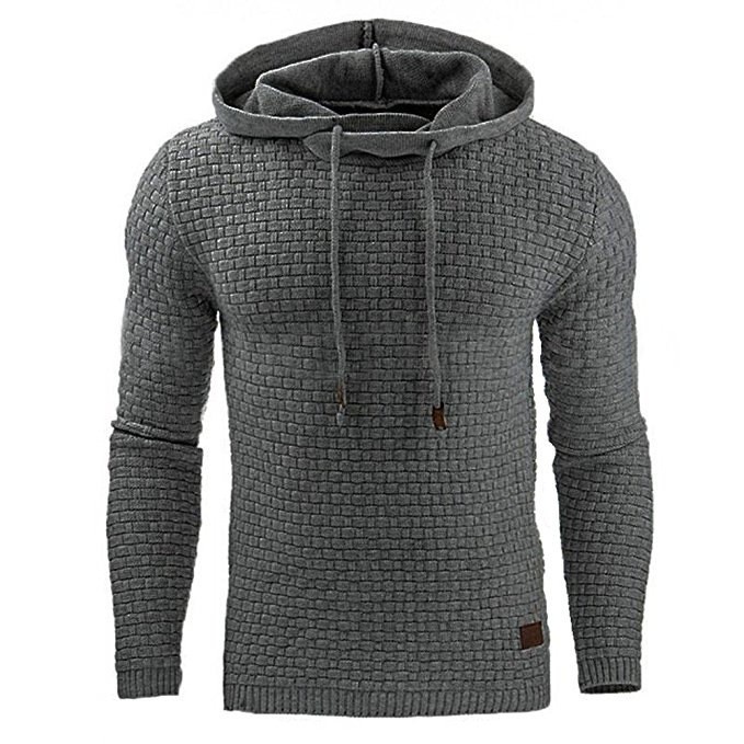 Fashion Men's Solid Color Plaid Loose Casual Hooded Sweatshirt