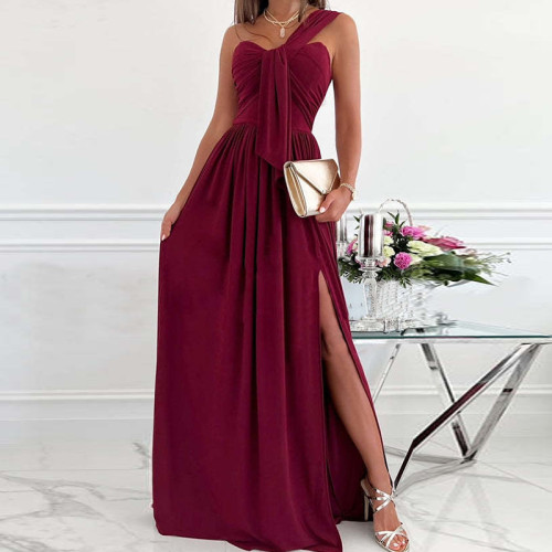 Fashion High Slit Hollow Elegant One Shoulder Party Backless Sexy Maxi Dress