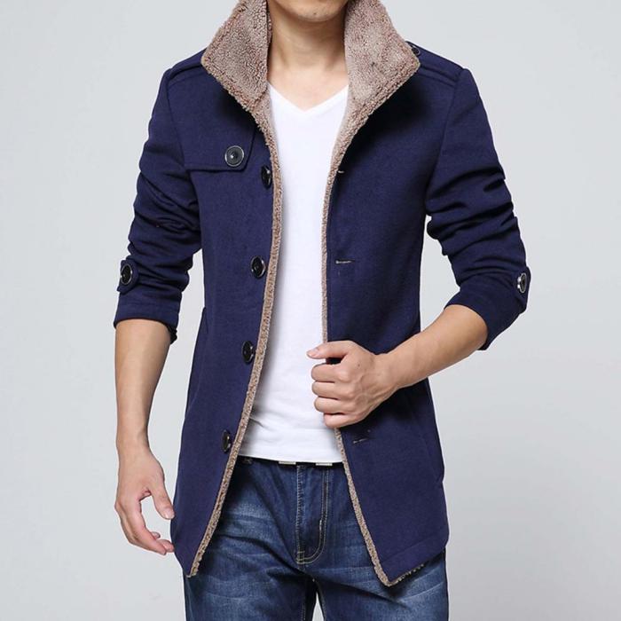 Men's Jacket Fashion Single Breasted Mid Length Solid Color Warm Casual  Coats