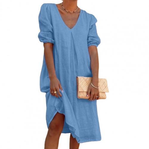 Fashion Loose Casual V Neck Bubble Half Sleeve Solid Color  Midi Dress